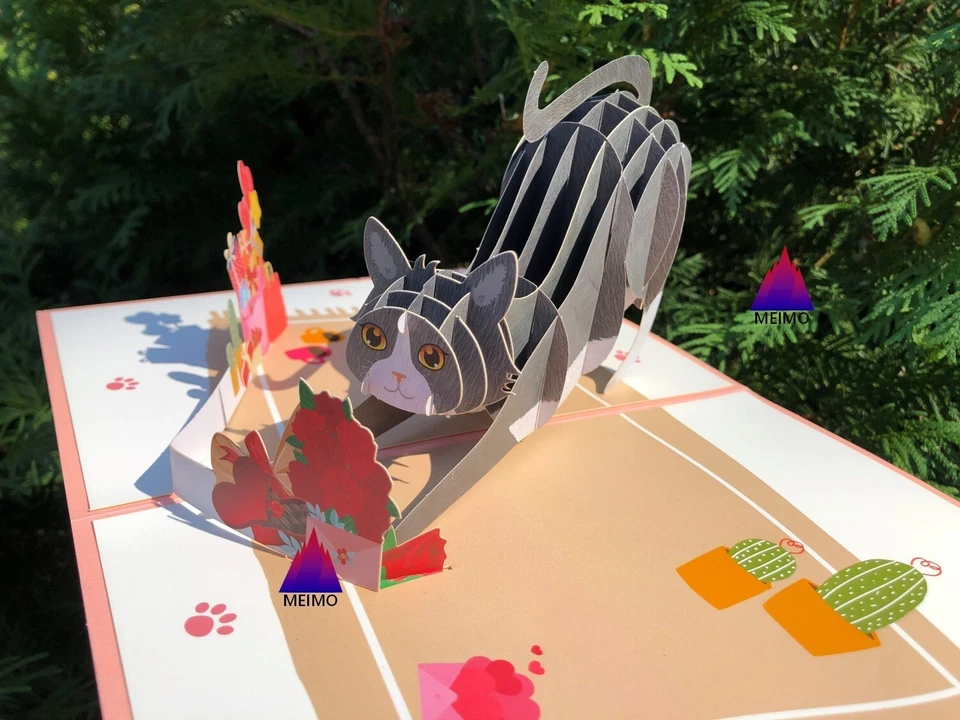 3D Pop Up Greeting Card Cat Kitty Funny Pet Vacation Party Anniversary Love Kids - Image 3 of 4