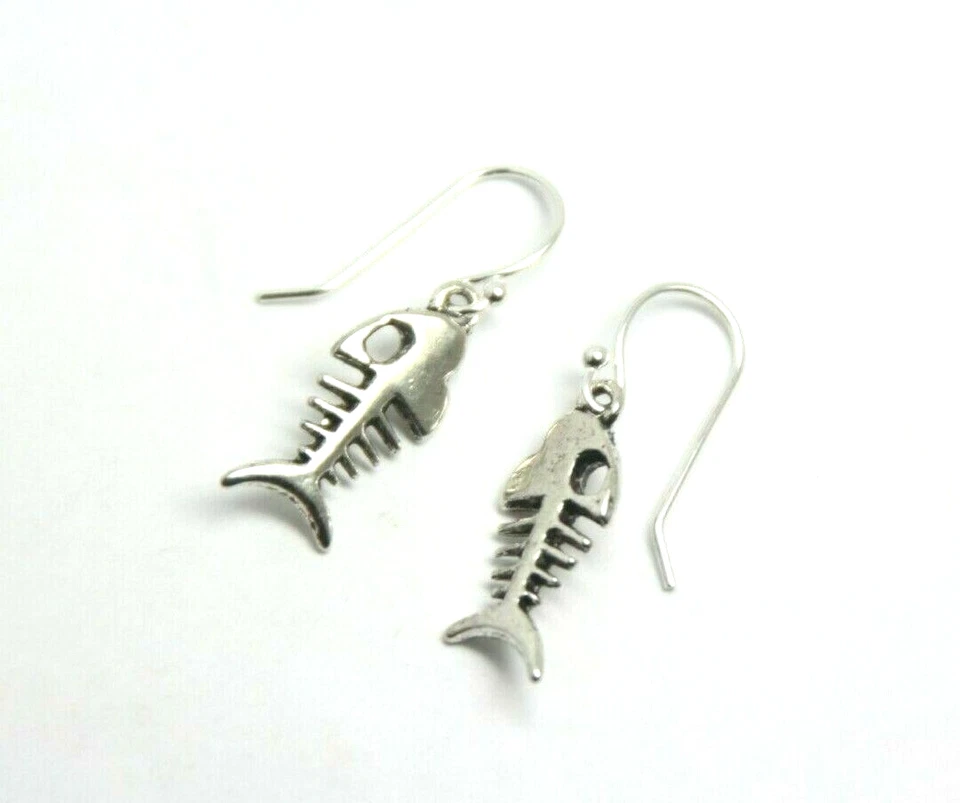 Pendientes con dije de hueso de pez plata esterlina .925 gancho estaño dijes 1" regalo de pesca Foto 3 de 4
