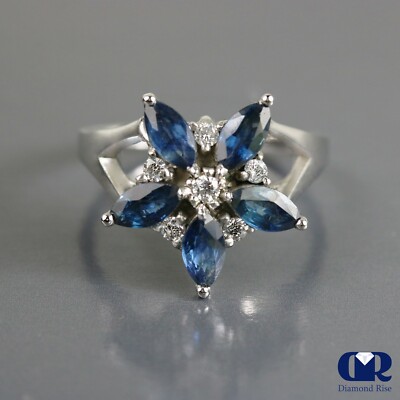 Natural 1.89 Ct Diamond & Sapphire Cocktail Ring Right Hand Ring 14K White Gold 