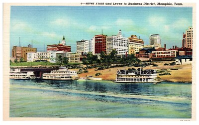 River Front and Levee to Business District Memphis Tenn Linen Postcard. BPC