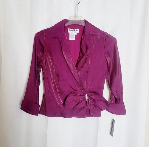 Vintage SMALL Ronnie Nicole Shimmery Faux Wrap Evening Blouse Rhinestone Bow - Picture 9 of 12
