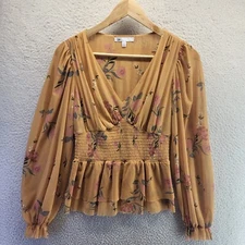 DR2 Daniel Rainn Tunic Top Womens XS Tan Floral Boho Popover Flowy