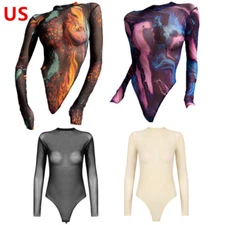 Women's Fitting Leotard Top Semi-Sheer T-Shirt Sexy Lingerie Clubwear Basic Tops
