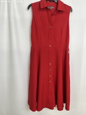 Sharagano NY Pure Red Collared Button Up Sleeveless Belted Dress Women 6 NWT