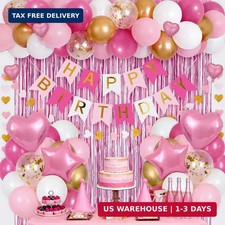 Pink Birthday Decorations for Women Girls, Happy Bithday Banner, Curtains, Heart