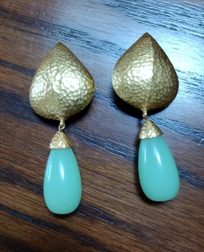 VTG GIVENCHY CLIP ON EARRINGS Hammered GoldTone & Green Jade Massive Signed RARE