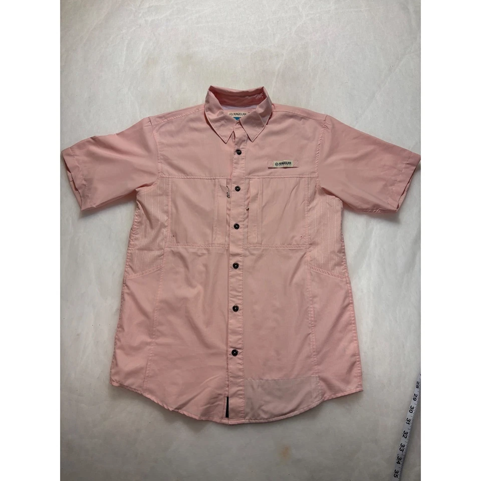 2 Magellan Outdoors Mens Fishing Shirt Button Up Short Sleeve Relaxed Fit Pink - Image 2 of 4
