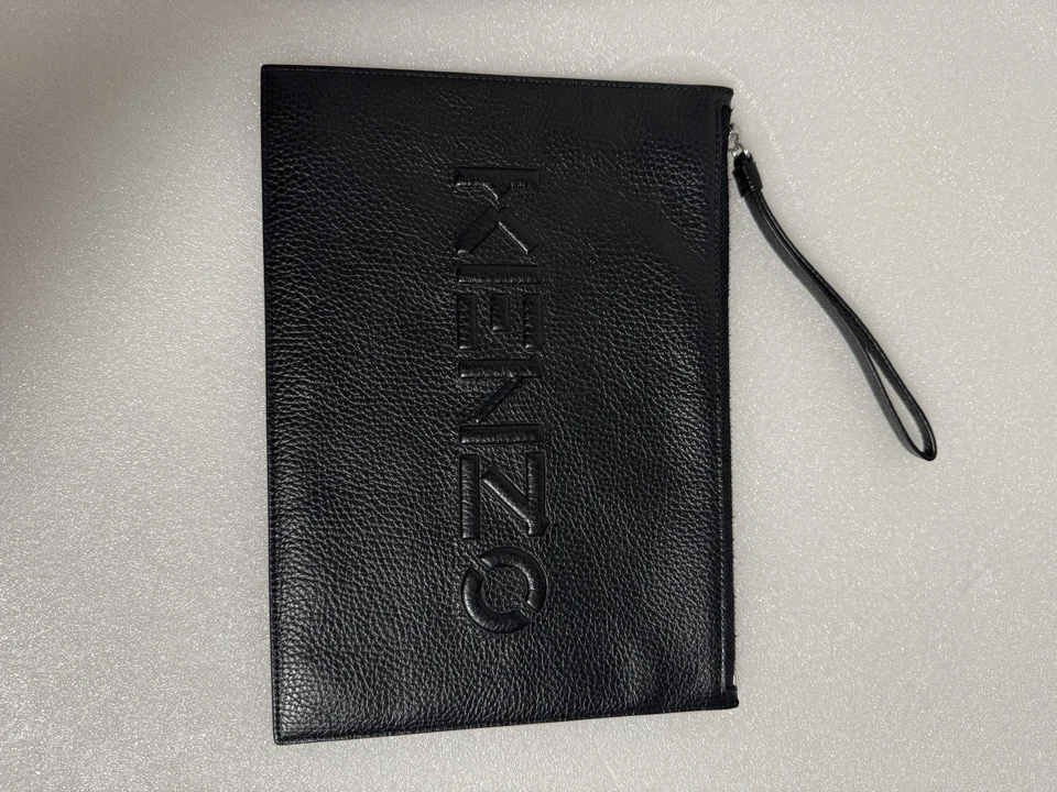 Kenzo Pouch Bag Leather Clutch Wristlet Zip Case Travel Unisex Embossed Black - Image 2 of 4