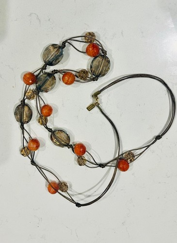 RARE VTG Deborah Grivas Orange Jade, Champagne & AB Crystal Waxed Linen Necklace - Picture 3 of 12