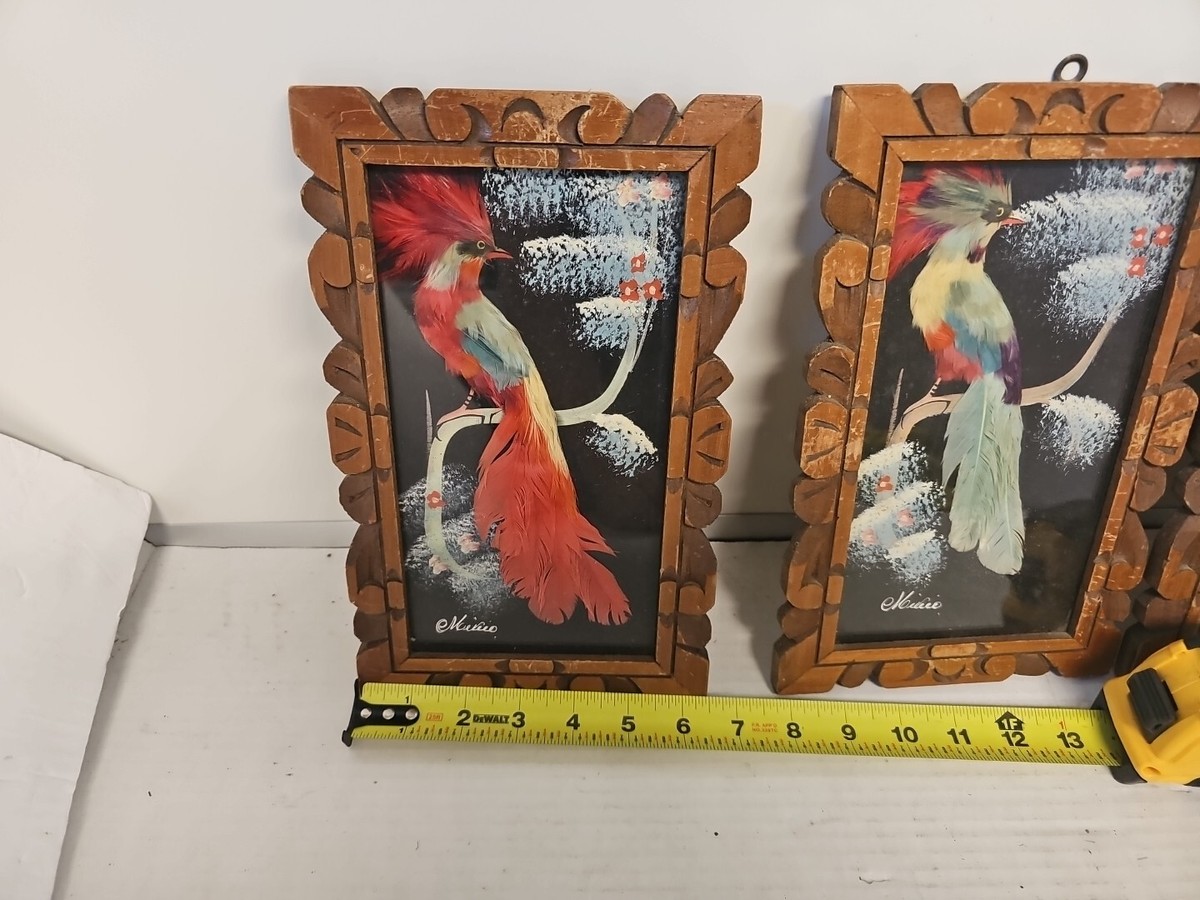 額縁ニューメキシコ 3 Vintage Mexican Aztec Feather Craft Hand Painted Art Bird