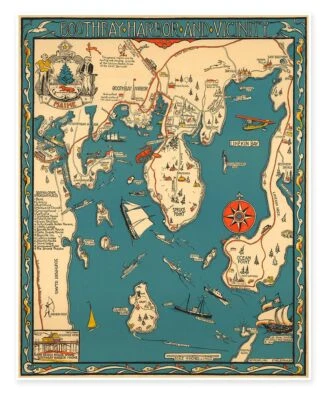 ANTIGUOS MAPS Color Pictorial Map of Maine Boothbay Harbor and vicinity Old Dirigo circa 1931