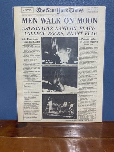 VINTAGE NEWSPAPER HEADLINE ~ MAN WALKS ON THE MOON NASA USA NEIL ARMSTRONG 1969