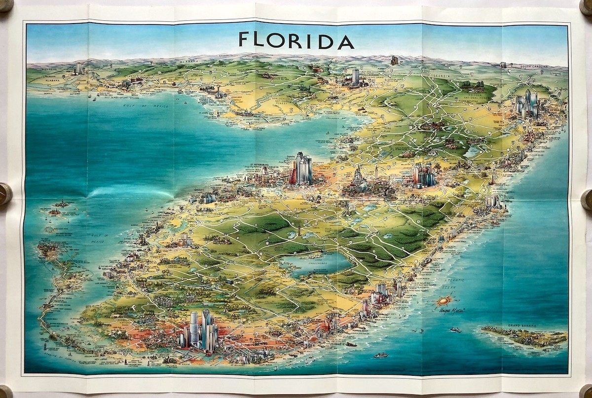 Original Vintage Map FLORIDA -PICTORIAL MAP -UNITED STATES -UNIQUE