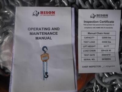 NEW Bison 10 Ton 9002-HSZ-V Manual Chain Hoist 20' Lift FAST SHIP 20,000 lb.