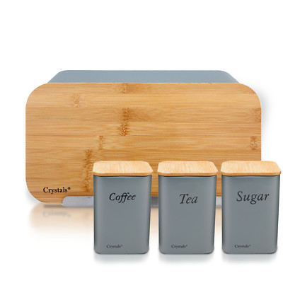 4 Stück Grau Brotkasten Set Versiegelt Kaffee Tee Zucker Kanister Frontseite Brotkasten