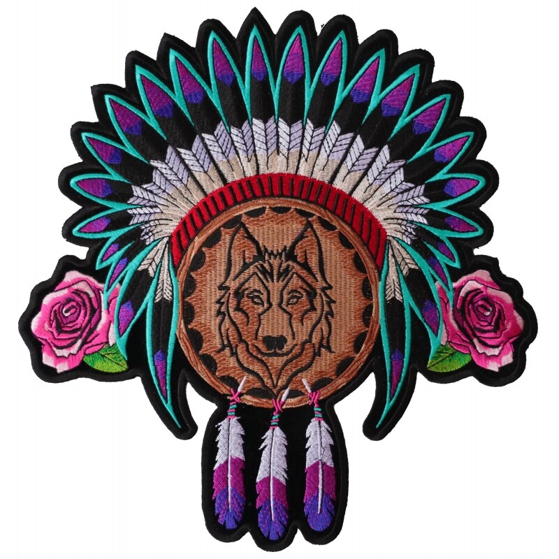 Large Back Patch Iron-On/Sew-On Wolf Pink Roses Feathers Dream Catcher