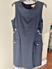 MICHAEL KORS Sleeveless Modern Black Short Dress Silver Chains Butttons size 10