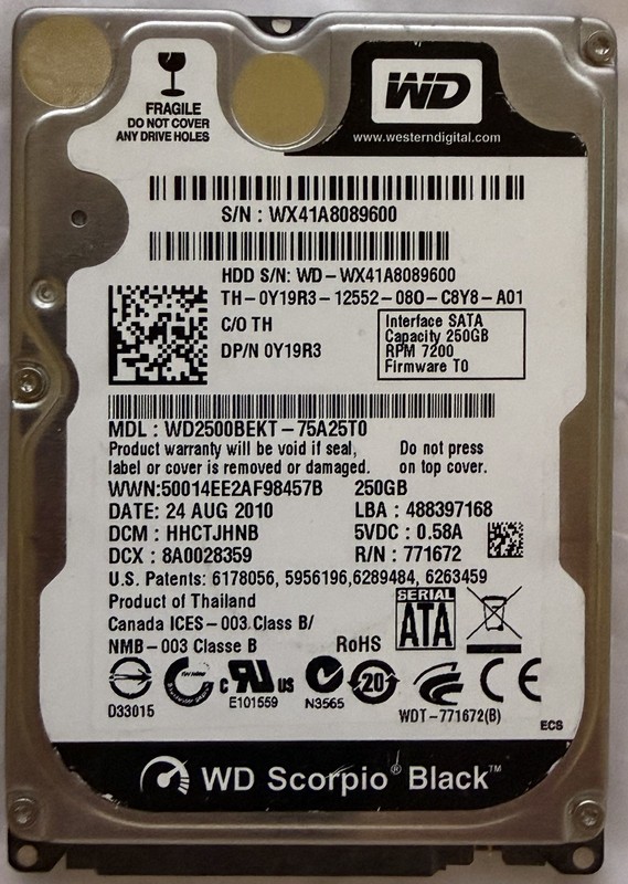 WD Scorpio Black 250GB WD2500BEKT-75PVMT1 SATA / 16MB Cache 7200RPM Laptop HDD