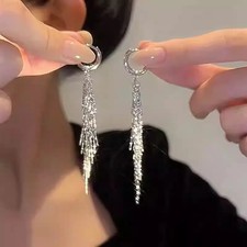 Crystal Tassel Drop Earrings Women Long Chain Dangle Modern Shiny Daily Jewelry