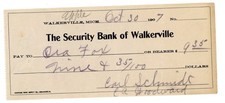 1907 Security Bank of Walkerville Mason Michigan Bank Check Signed Carl Schmidt