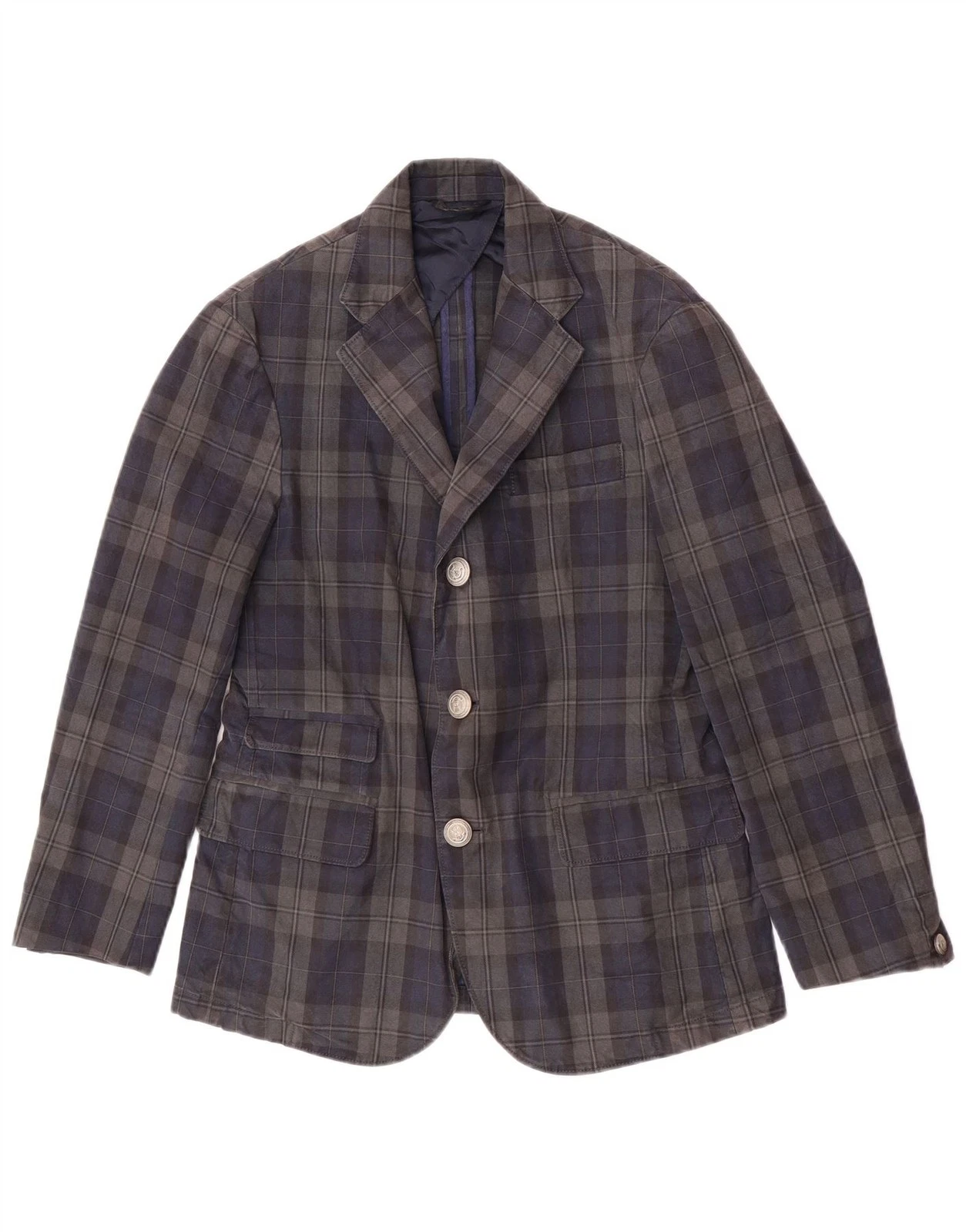 Jaggy Mens 3 Button Blazer Jacket IT 48 Medium Navy Blue Check Cotton UF11