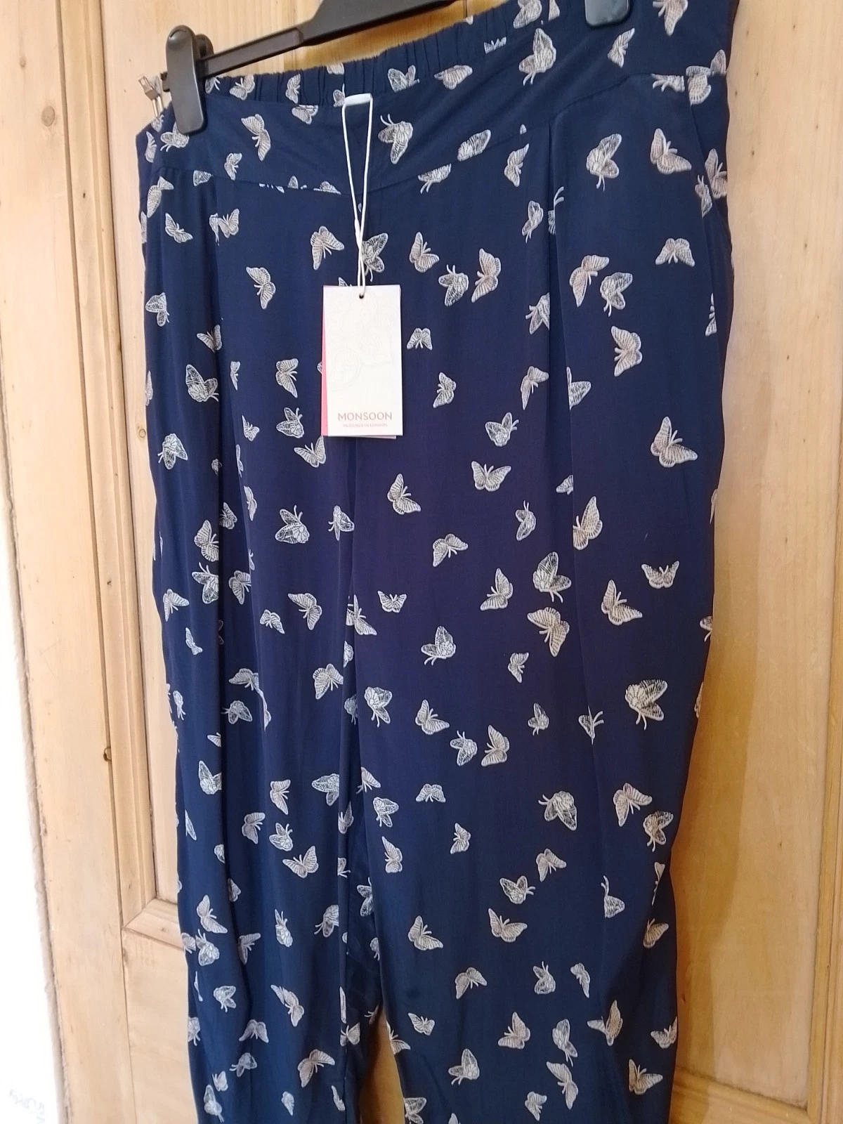 BNWT Monsoon Size 20 Navy Blue Butterfly Trousers Elasticated Waist Soft Pockets