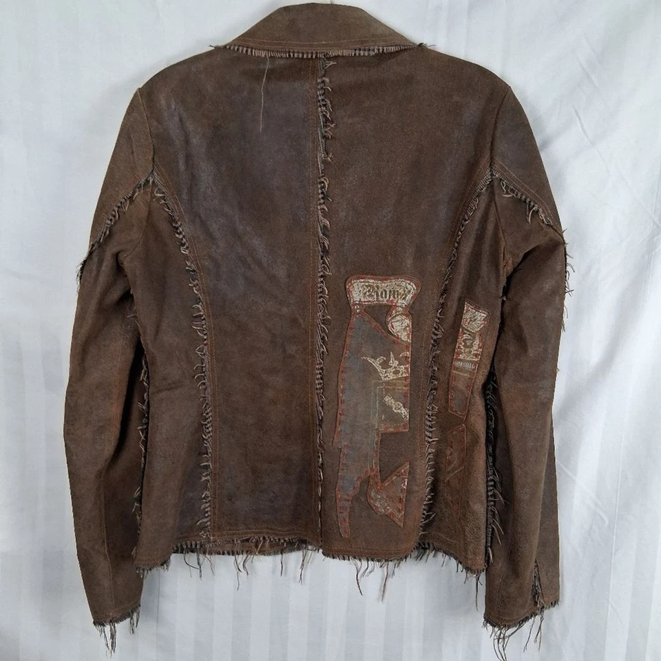 Chaqueta de cuero Raw 7 desgastada deshilachada para mujer talla L Foto 3 de 4