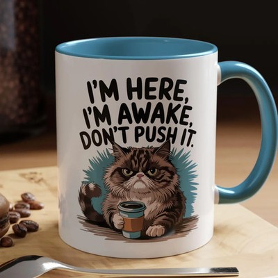 Funny Cat Coffee Mug Im Here Im Awake Dont Push It | Grumpy Cat Mug |