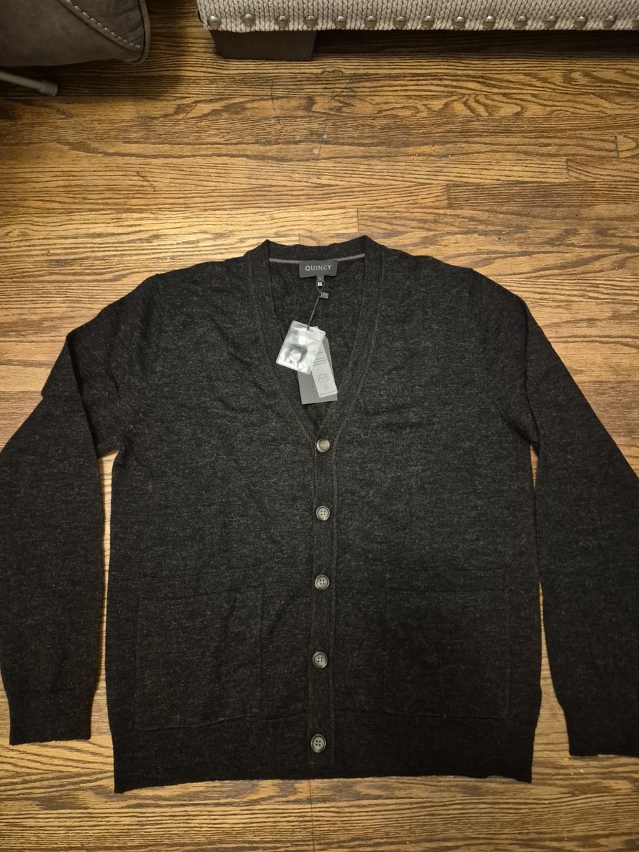 Quincy Cardigan Sweater Men's Large Black 100% Wool Long Sleeve