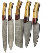Handmade 5pcs Damascus Steel Kitchen Chef Knife Set with Leather Sheath