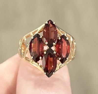 14K Gold Granat Cluster Ring: Marquise filigran Kleeblatt, Größe 7