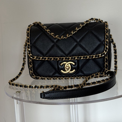 CHANEL Black Mini Flap Crossbody Bag Chain Strap Turn Lock CC Logo Gold Box