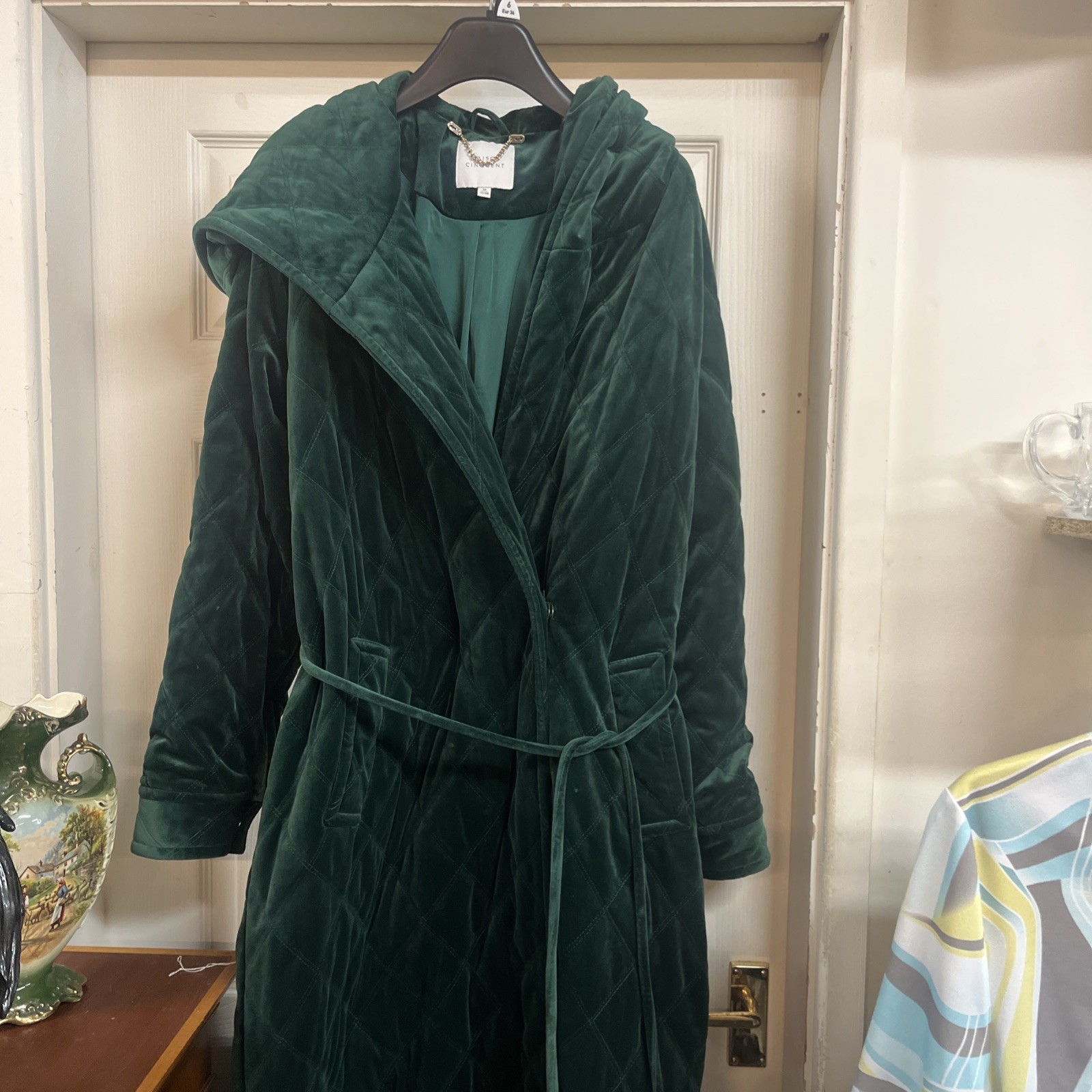 MAISON CINQCENT Quilted Velvet Hooded Coat | Deep Emerald Green | Size 12