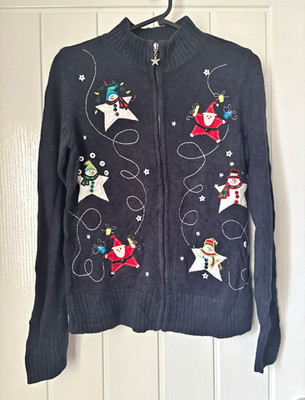 Christopher & Banks Weihnachts-Cardigan Santa Schneemann Stern Reißverschluss Strick marineblau Y2K
