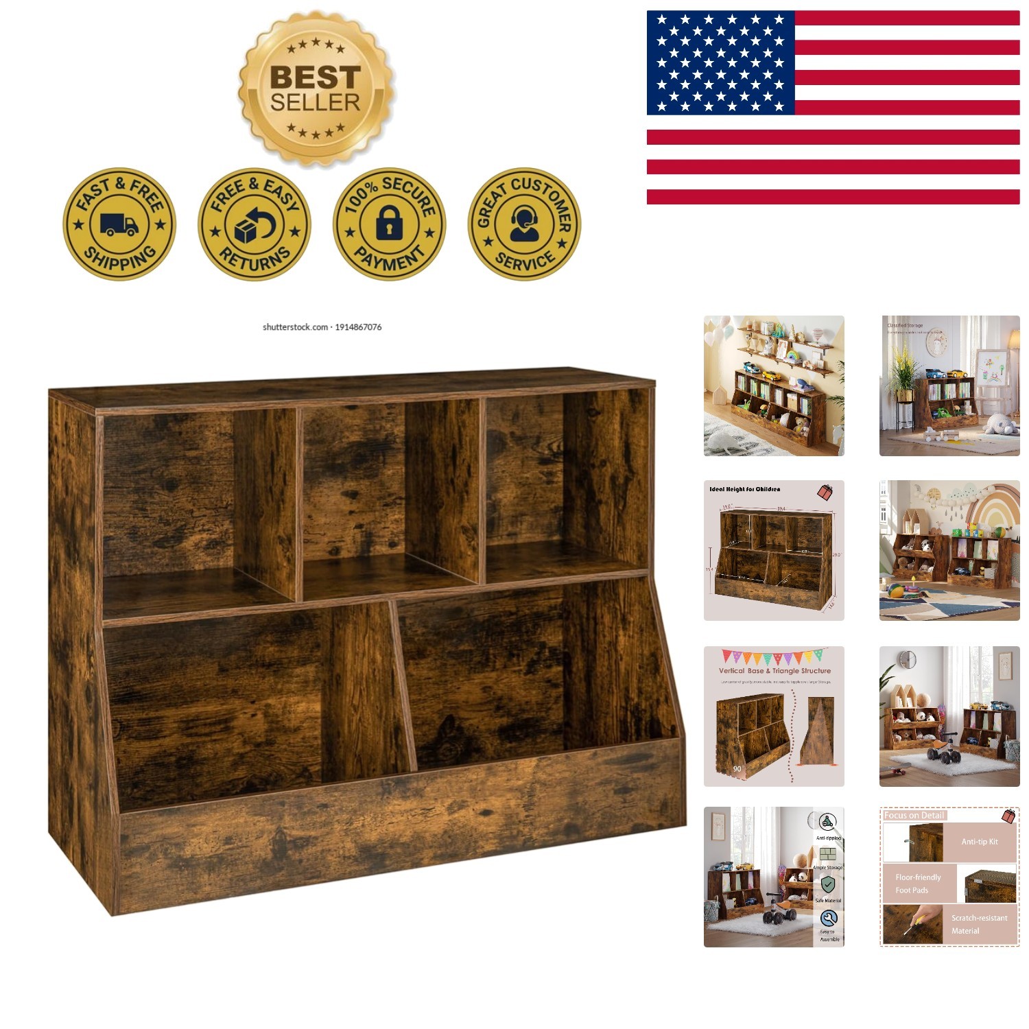 Multi-Functional Rustic Brown Toy Storage Organizer & Kids Bookshelf - 2-Tiered