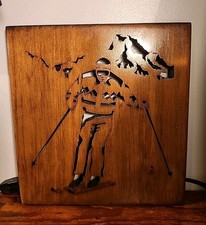Vintage Ski Wall Art Cabin Lodge Skier On Mountain Wood Carving 9" X 10"