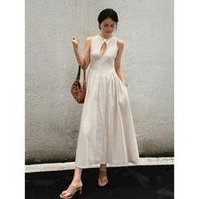 Commense Beige Linen Cotton Keyhole Midi Dress Size M Minimalist Coastal Summer