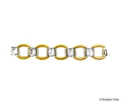 Vintage PREMIER ETAGE PARIS Goldtone Emerald Cut Rhinestones Heavy Link Bracelet
