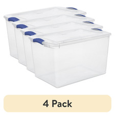 4 pack Sterilite Large 66 Quart Clear Plastic Storage Bin, with Latch Lid, Blue