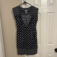 Loft Outlet Womens Black White Floral Henley Neck Fit & Flare Dress Size Small