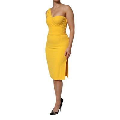 Dolce Gabbana Yellow One Shoulder Side Slit Midi Dress