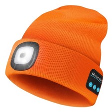 Orange Rechargeable Bluetooth Music Unisex Beanie Hat With LED Light Gift