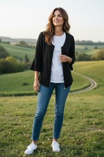 Chico's -NWOT, Black Jacket 3/4 Sleeves, Zipperd Front Cotton Metallic, Size 1