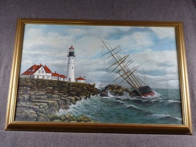 Old Oil On Canvas - Wreck Of Annie C Maguire 1886 - Portland Head Light Maine