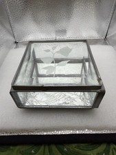 Etched Stained Glass Handcrafted Mirror Bottom Hinged Square Trinket Box 4x4