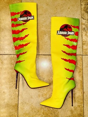 GCDS Jurassic Park Boots Rare Dino Logo Yellow Knee High Heels