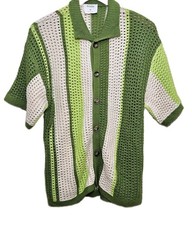ROUGH Los Angeles Crochet Knit Shirt Green Striped Button Up Short Sleeve Size M