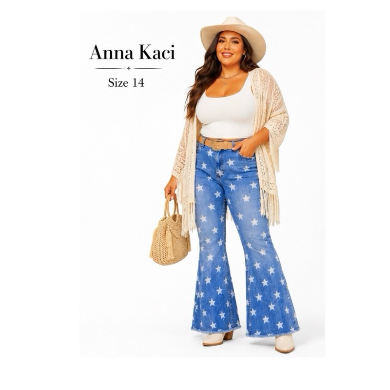 Anna Kaci Boutique High Rise Festival Flare Star Jeans Size 14