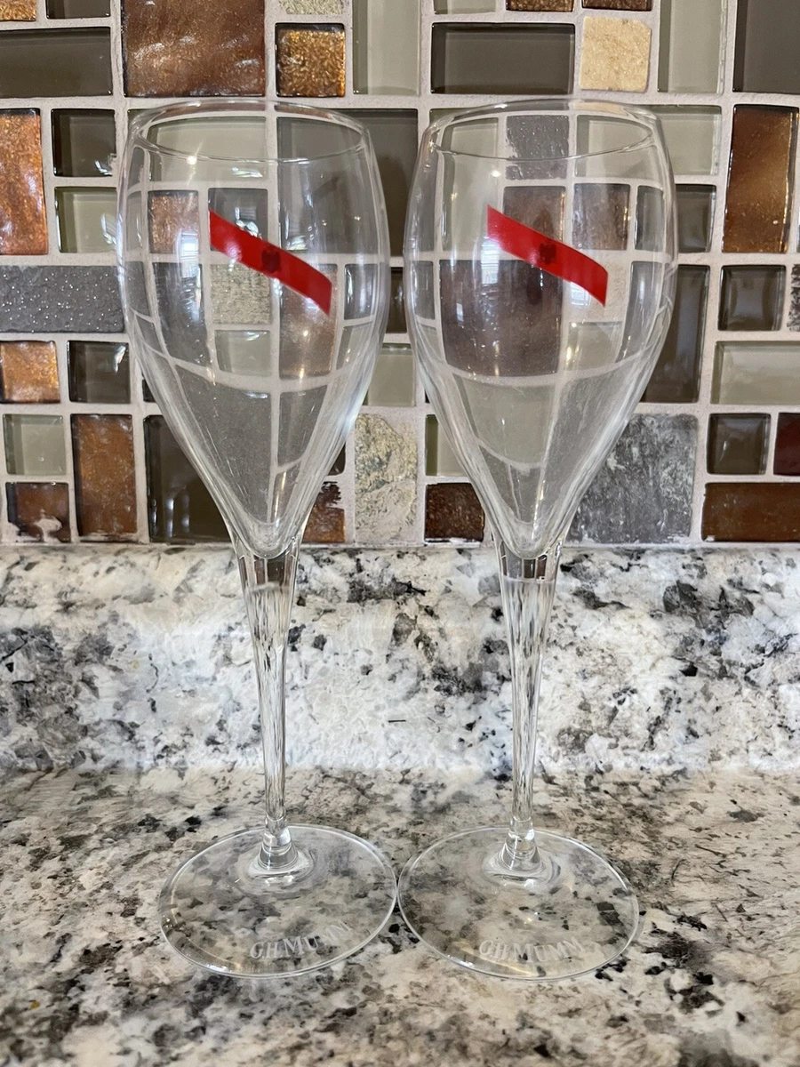 G.H. MUMM FLUTE TULIP SHAPED CHAMPAGNE GLASSES RIBBON w/EAGLE Set of 2