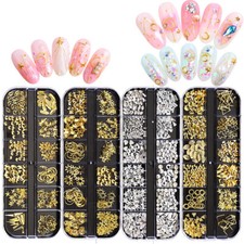 US 12 Grids Nail Glitter Flakes Sequins Rhinestones Pearl Nail Art Decorations